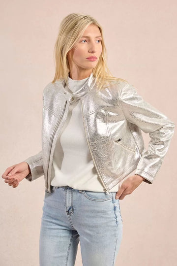 Molly Bracken Metallic Silver Biker Jacket
