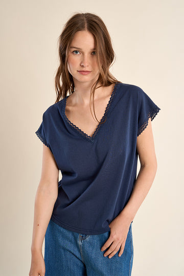 Molly Bracken Navy Blue Lace Trim Tee