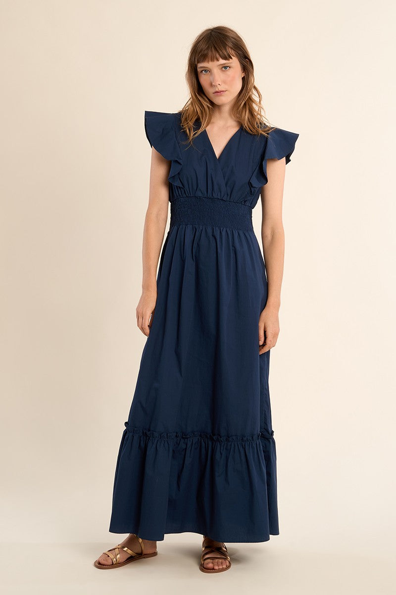 Molly Bracken Navy Blue V Neck Ruffle Dresse