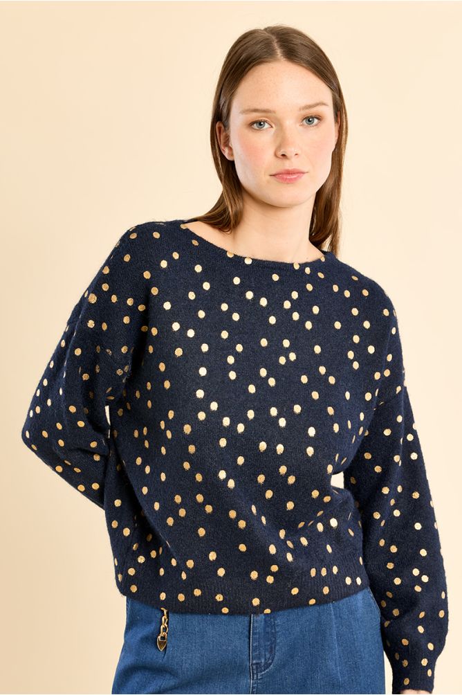 Molly Bracken Navy/Gold Boat Neck Swater, Polka Dot
