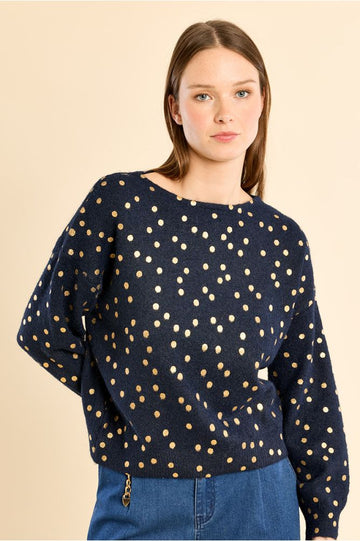 Molly Bracken Navy/Gold Boat Neck Swater, Polka Dot