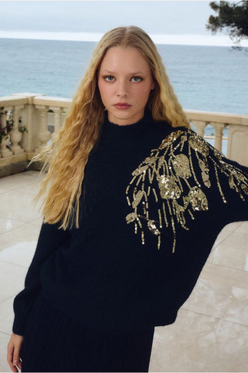 Molly Bracken Navy High Neck Sweater With Embellishment