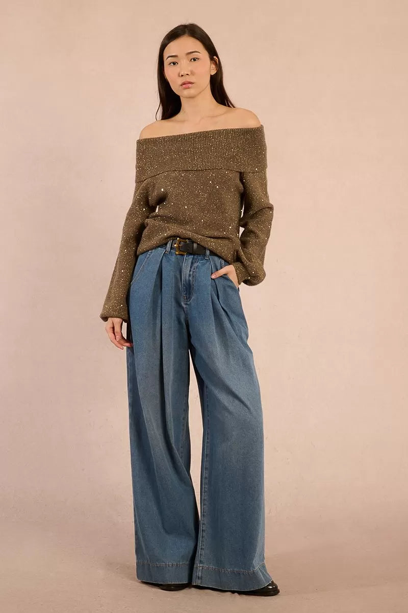 Molly Bracken Off The Shoulder Khaki Sweater