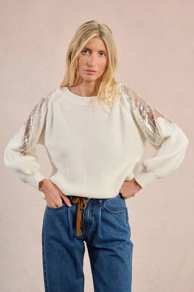 Molly Bracken Off White Sweater Sprinkled With Sequins