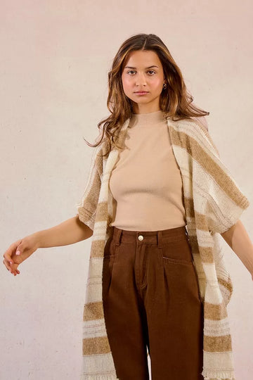 Molly Bracken Open Fringed Off White/Beige Poncho