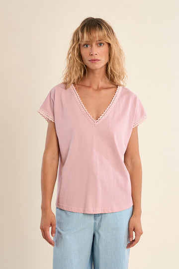 Molly Bracken Pink Lace Trim Tee