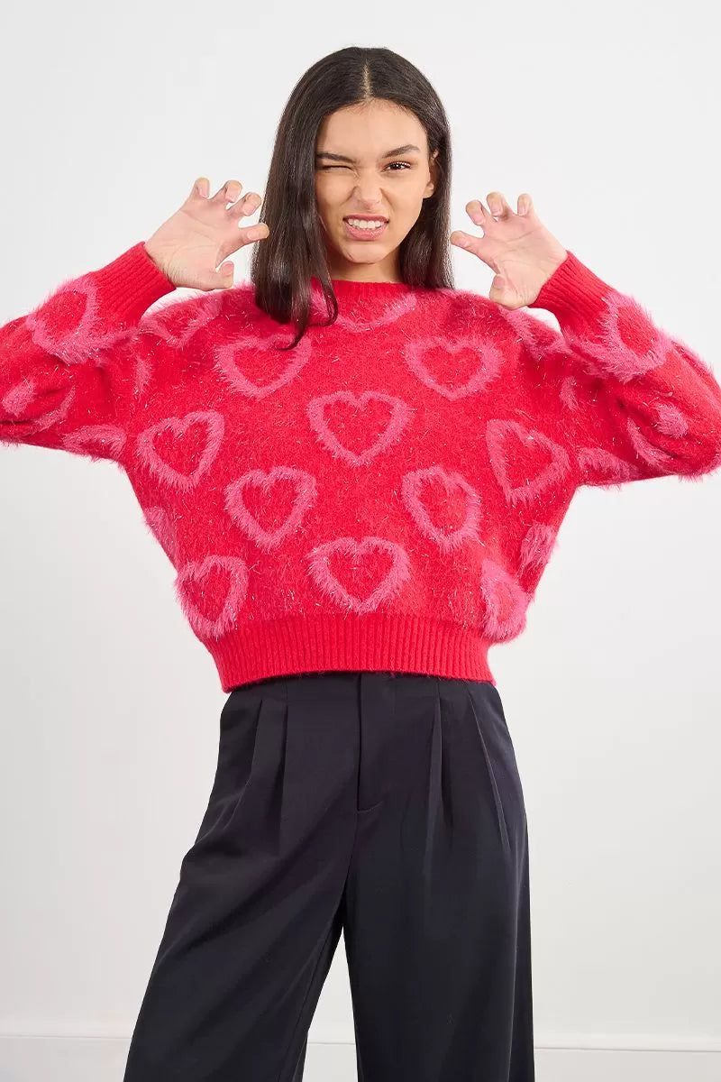 Molly Bracken Red Sweater With Textured Heart Pattern