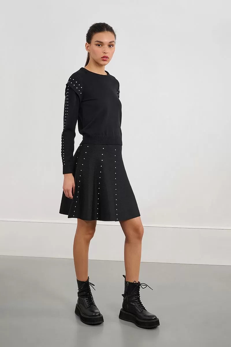 Molly Bracken Rhinestone Black Knitted Mini Skirt