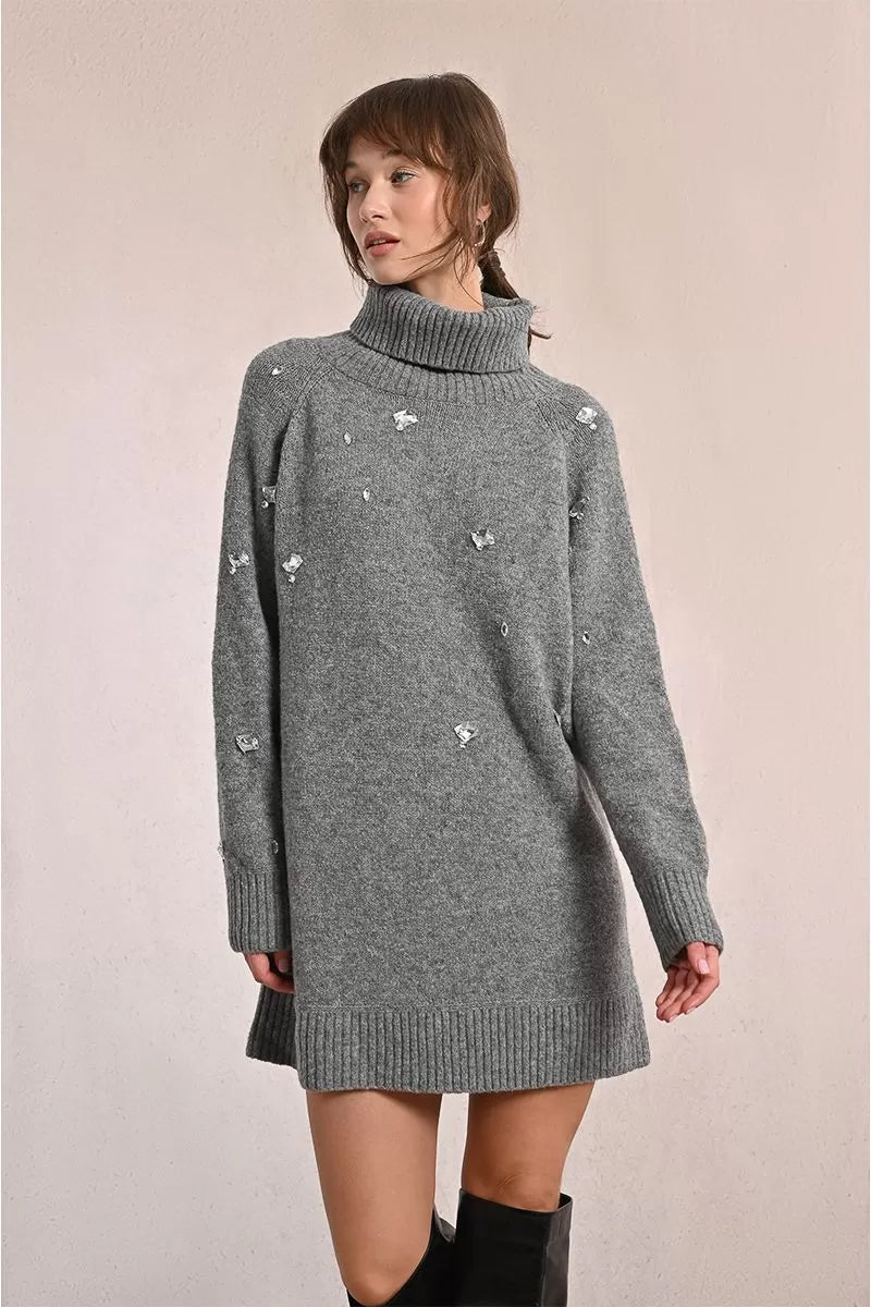 Molly Bracken Rhinestone Grey Knitted Sweater Dress