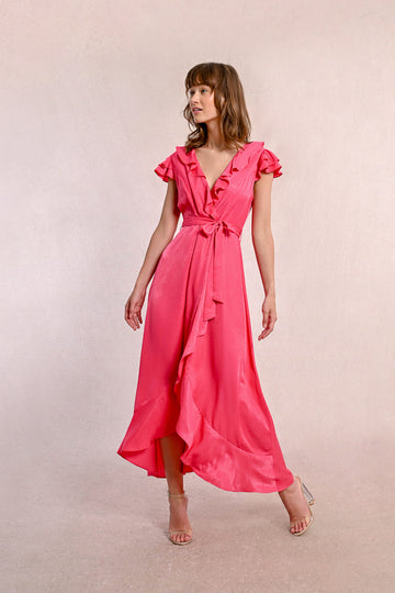 Molly Bracken Rose Pink V Neck Ruffle Dress