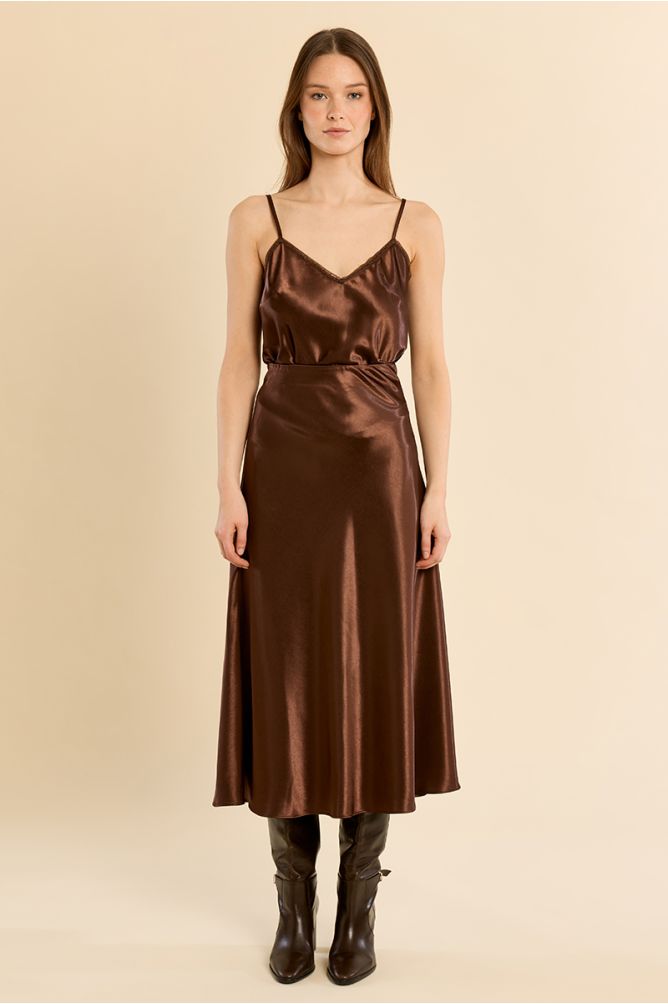 Molly Bracken Satin High Rise Chocolate Skirt