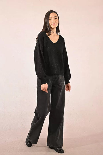 Molly Bracken Sequined Oversized Black Knitted Sweater