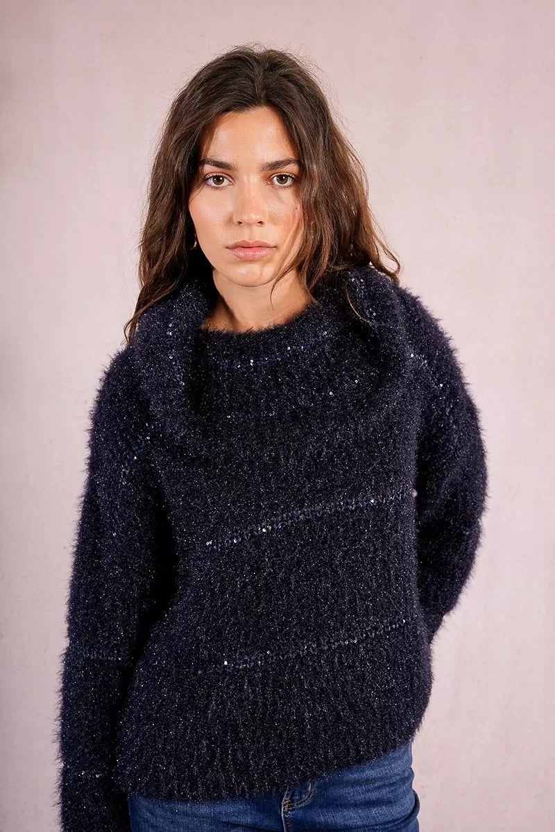 Molly Bracken Striped Knitted Navy Blue Sweater