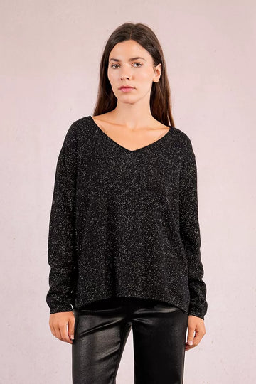 Molly Bracken V-neck Iridescent Knit Black Sweater