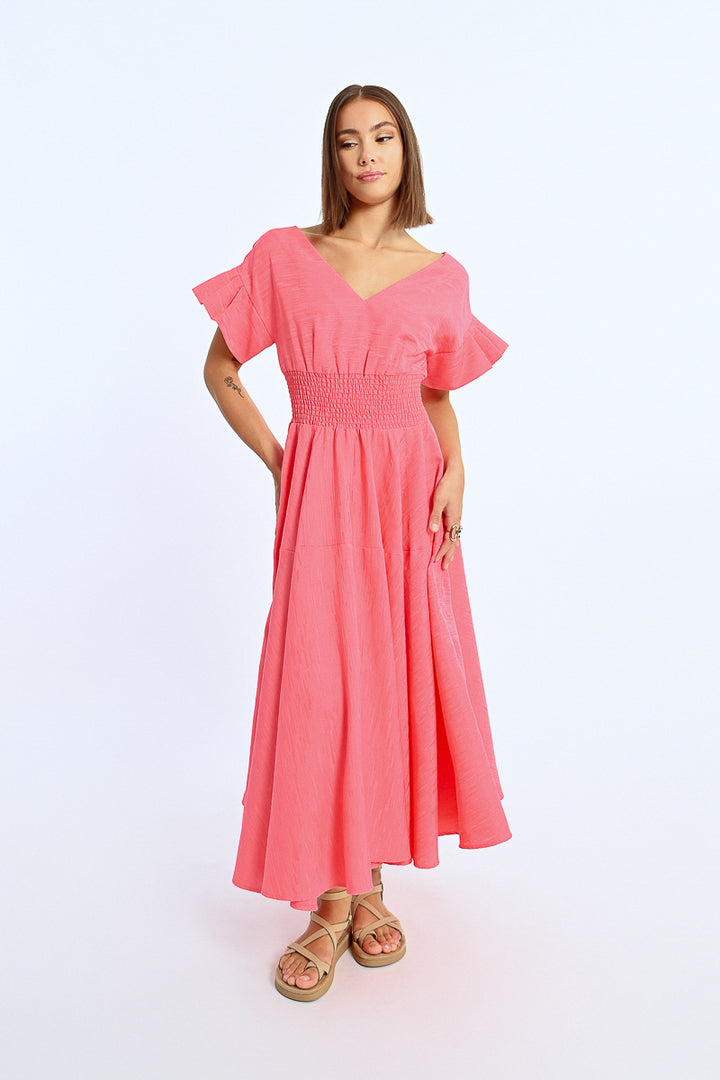 Molly Bracken V Neck Flared Pink Dress