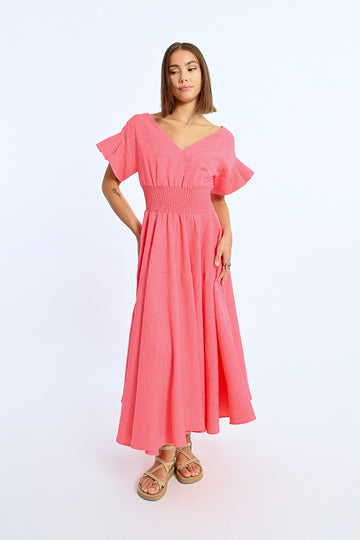 Molly Bracken V Neck Flared Pink Dress