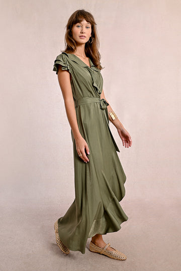 Molly Bracken V Neck Wrap Ruffle Khaki Dress