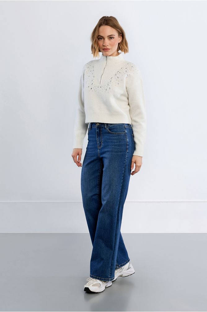 Molly Bracken White Trucker Collar Sweater With Rhinestones
