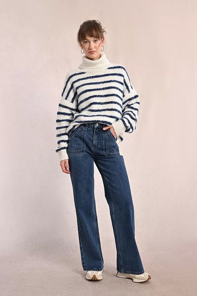 Molly Bracken Wide Leg Denim Blue Jeans With Top Stitching
