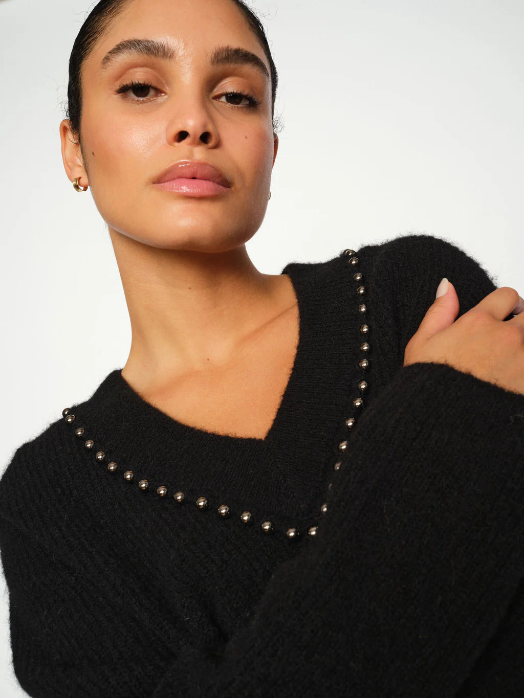 Mos Mosh Black Zora V-Neck Beaded Knit