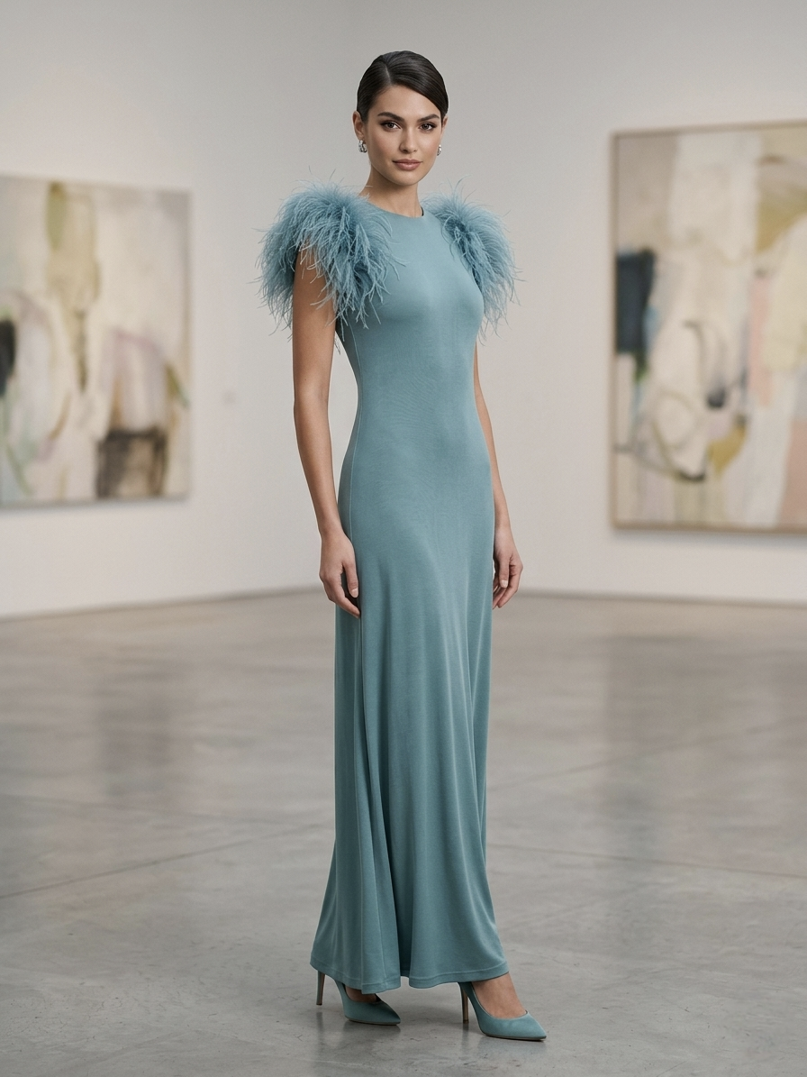 Moskada Duck Blue Dress With Feather Accent