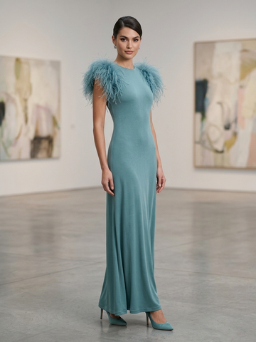 Moskada Duck Blue Dress With Feather Accent