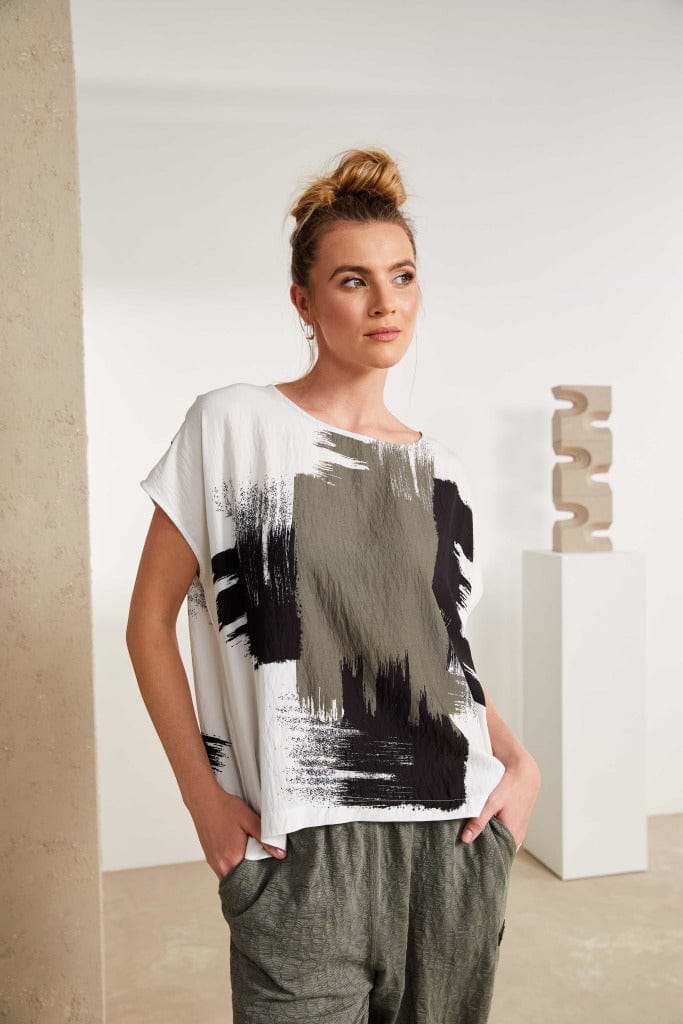 Naya Brush Stroke Round Neck White/Army Top