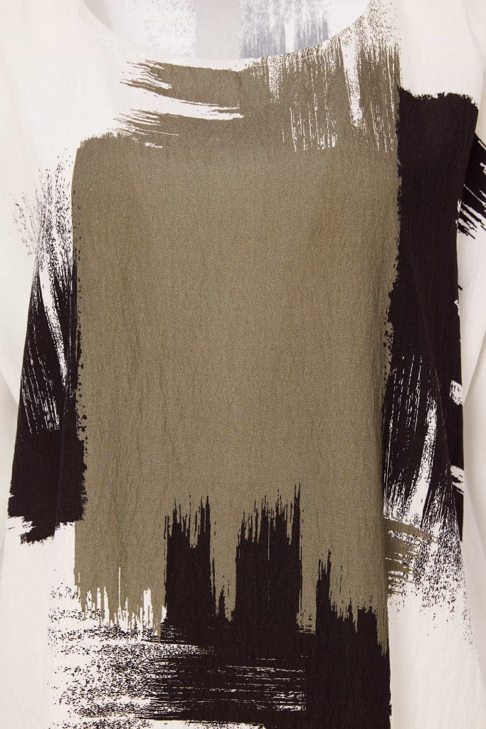 Naya Brush Stroke Round Neck White/Army Top