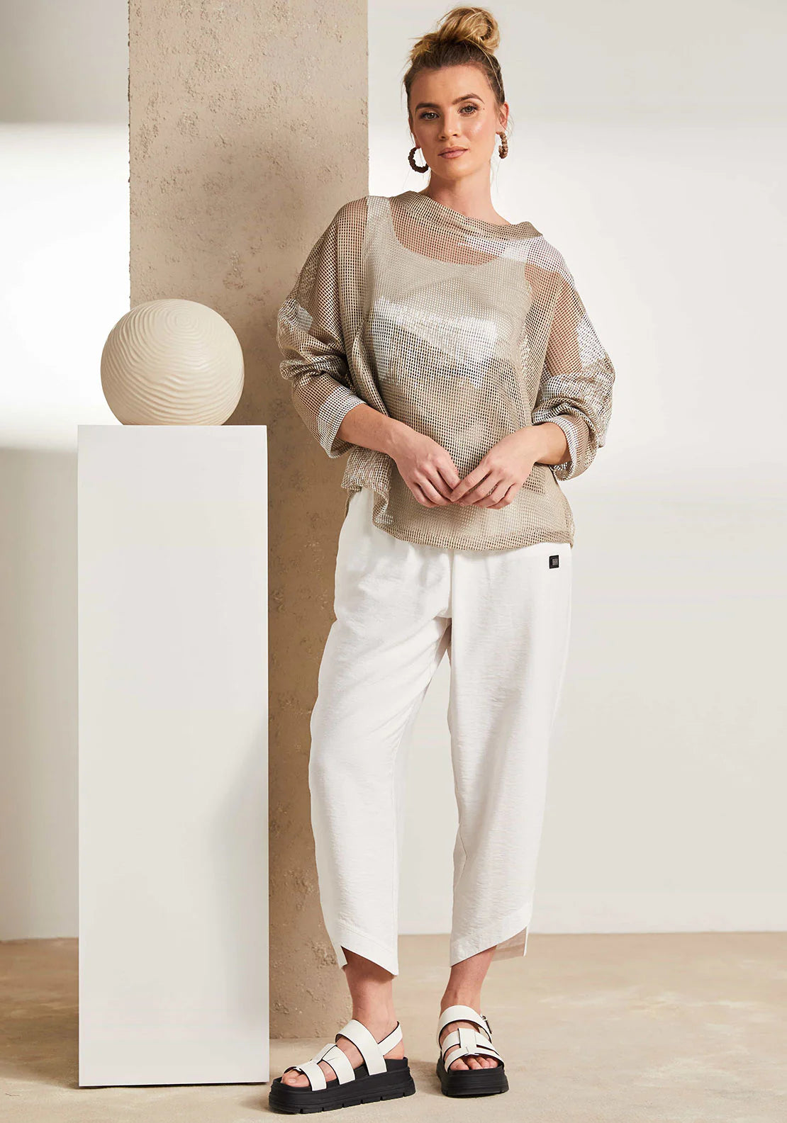 Naya White Pull Up Trouser With Curved Detail At Hem