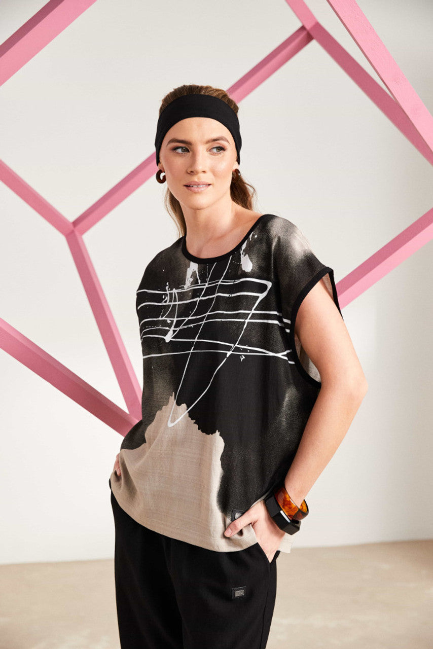 Naya Taupe Black Spray Border Drizzle Print Round Neck Top