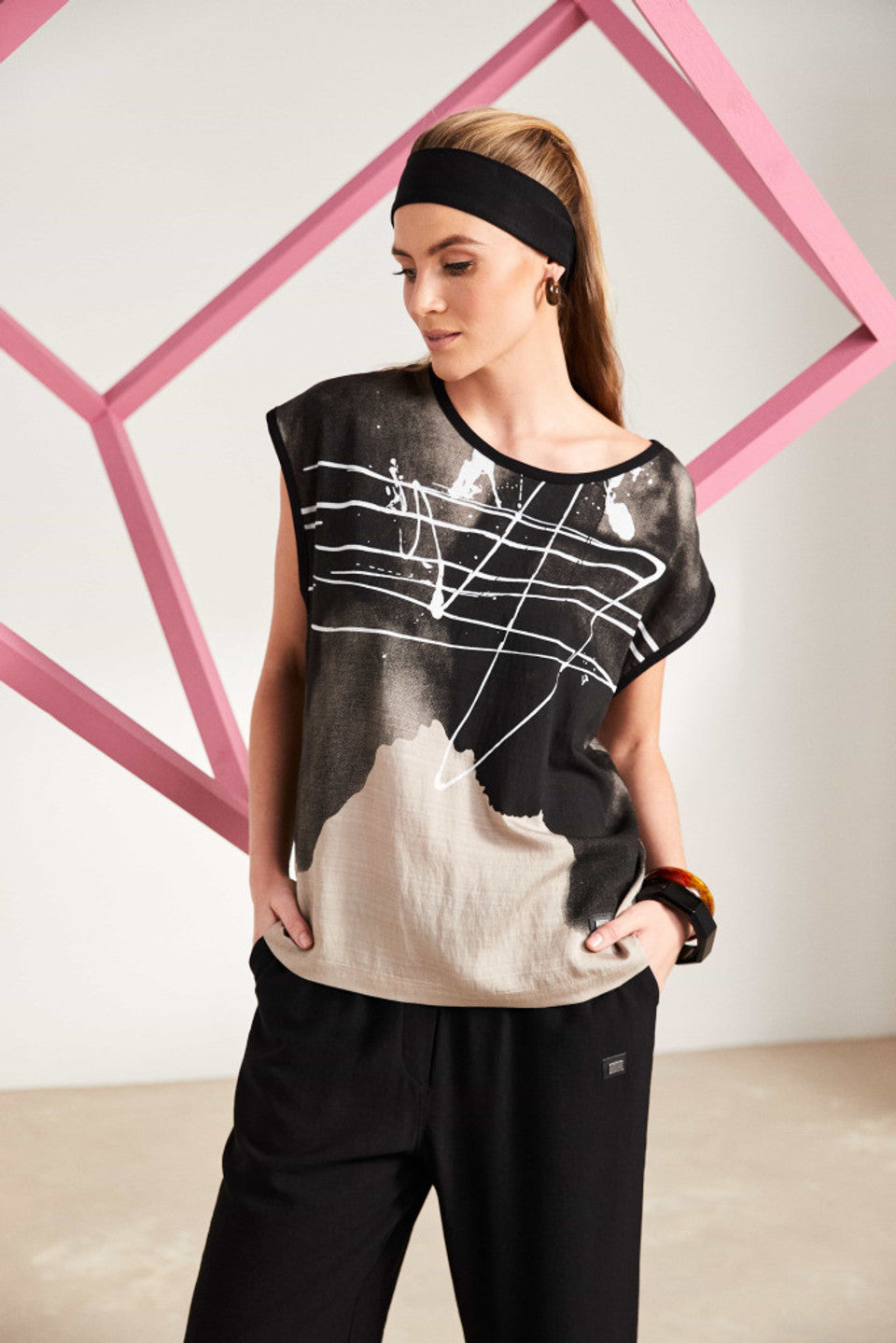 Naya Taupe Black Spray Border Drizzle Print Round Neck Top