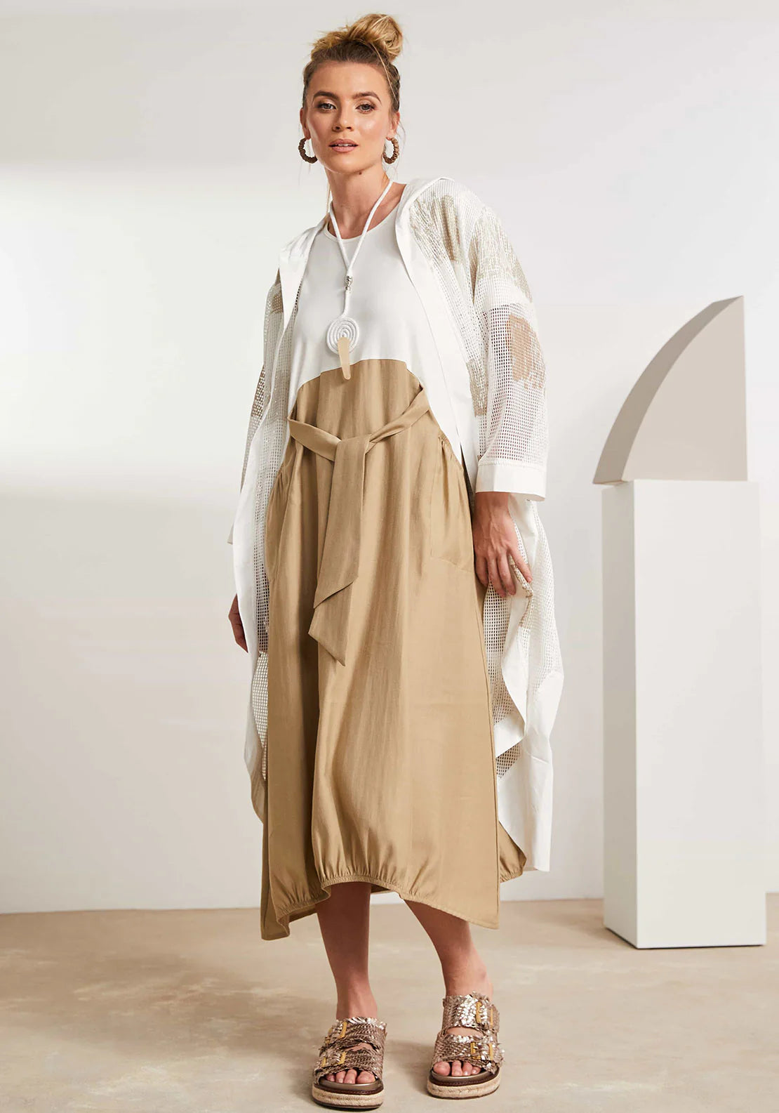 Naya Multi Cream/Fudge Round Neck Dress With Contrast Colour Skirt And Tie Detail