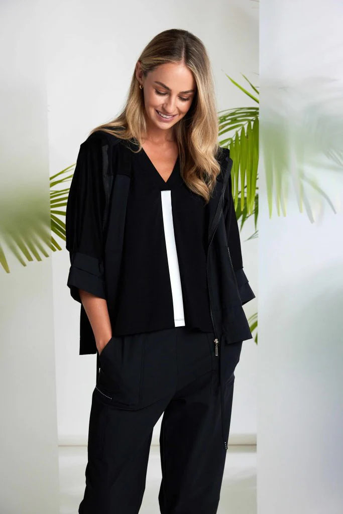 Naya Drawstring Hem Zip Jacket With Contrast Front Jacket At Front Curve Panel - Black
