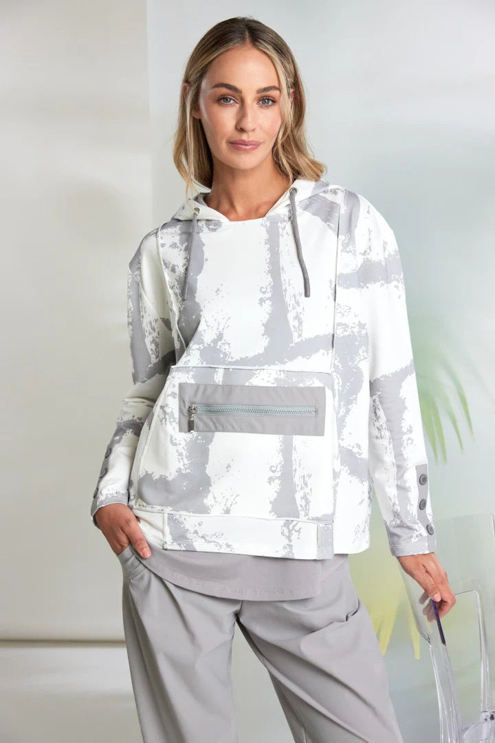 Naya Grey/White Graphic Print Hooded Top With Zip Pocket