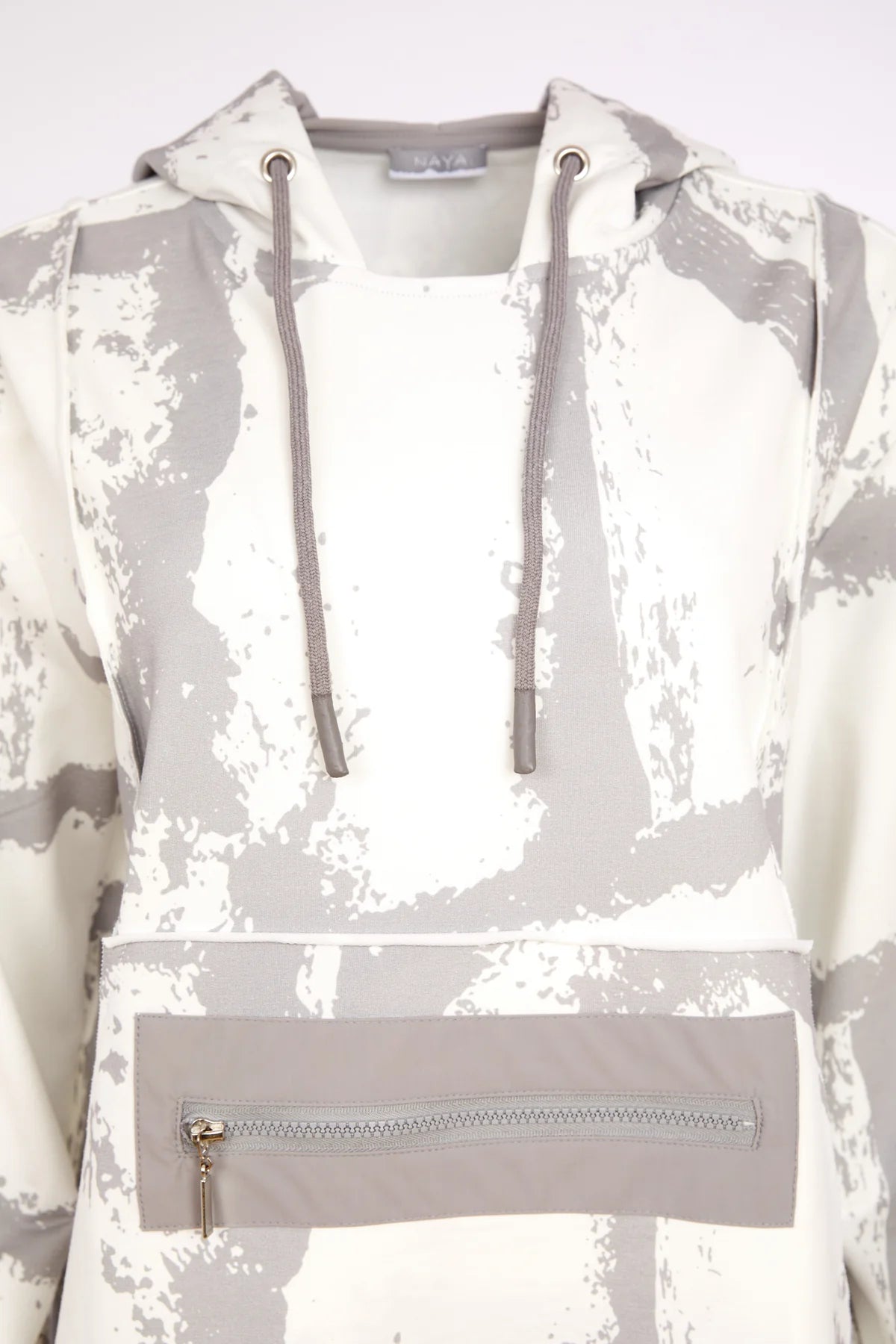 Naya Grey/White Graphic Print Hooded Top With Zip Pocket