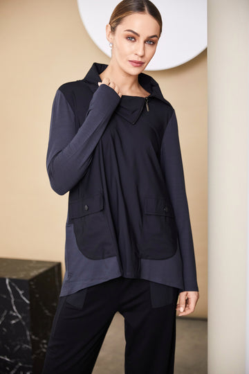 Naya Anthracite Angle Collar Top With Contrast Panels And Pockets