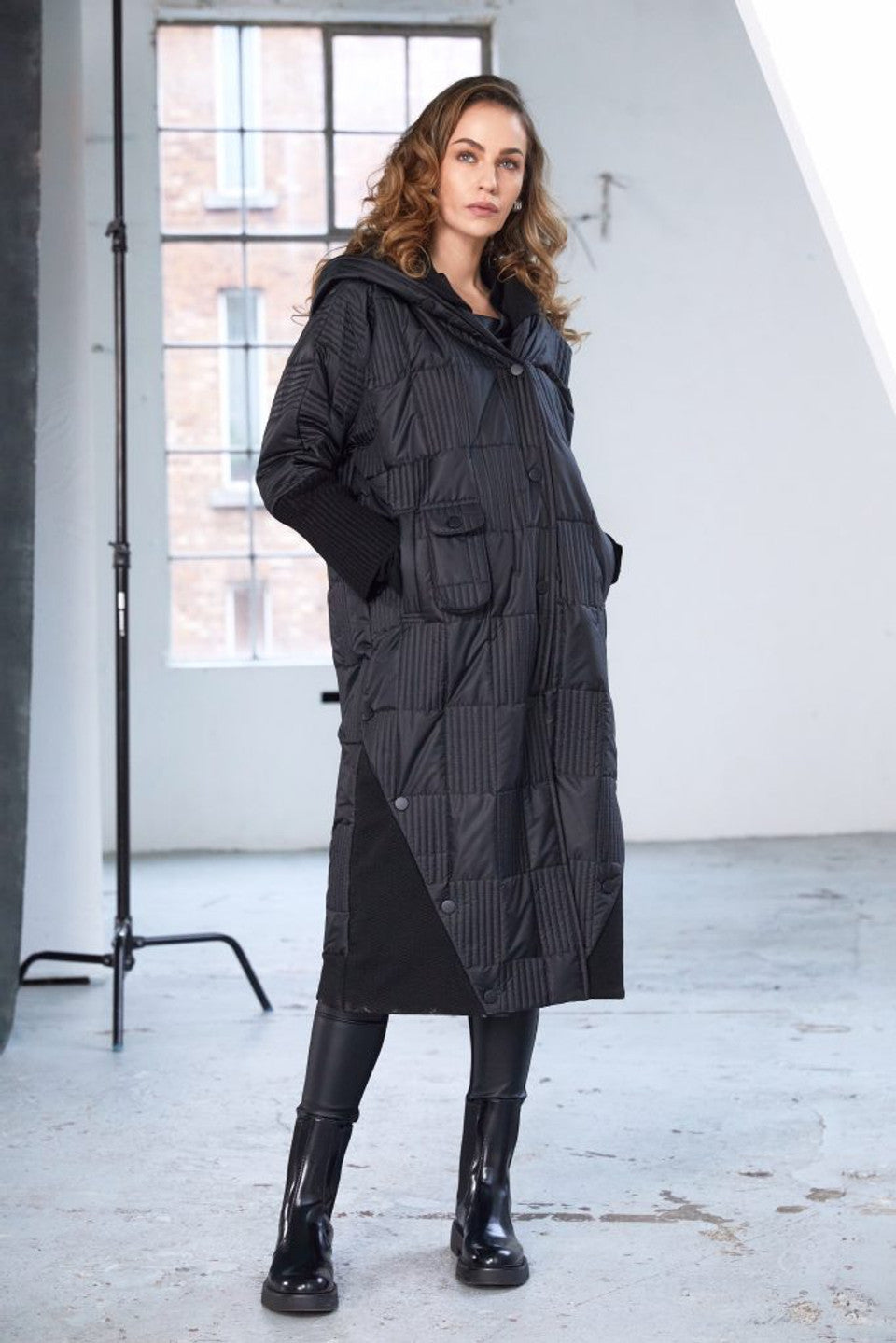 Naya Black Padded Hooded Coat With Rib Collar And Pockets