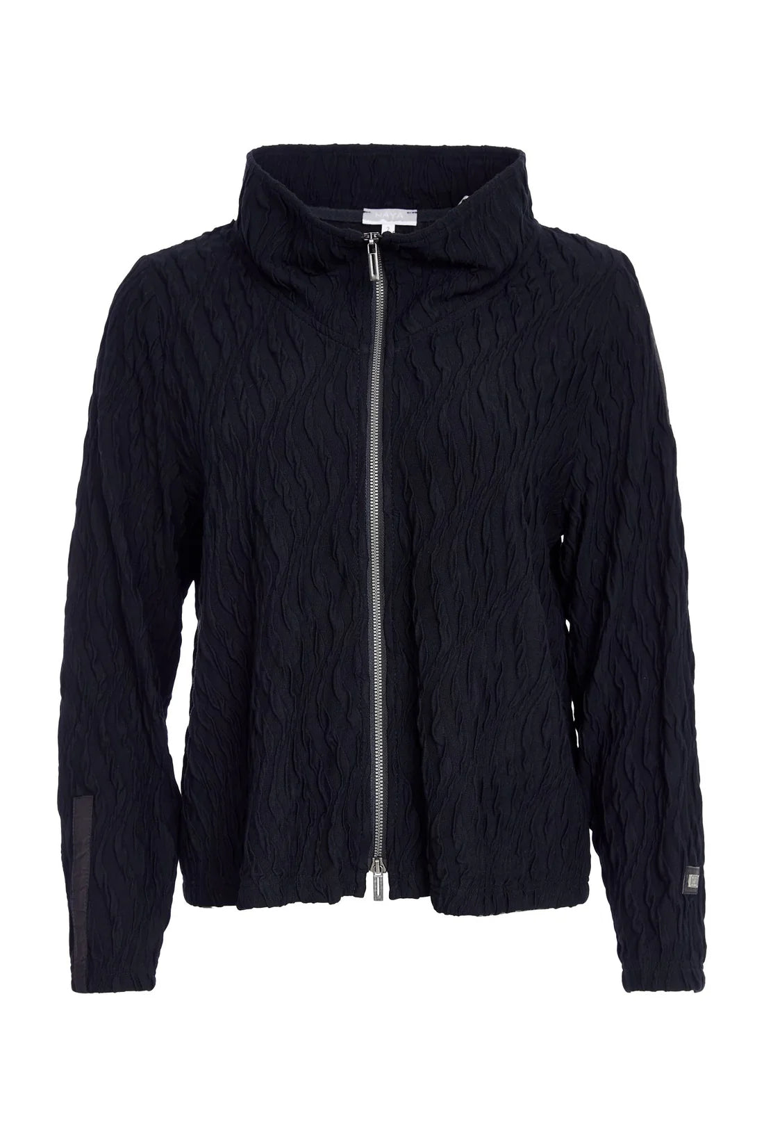 Naya Embossed Knit High Neck Jacket With Zip Detail