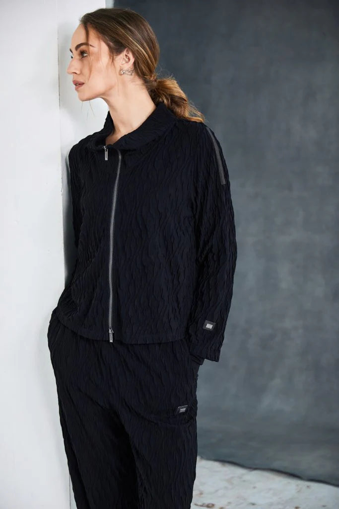Naya Embossed Knit High Neck Jacket With Zip Detail