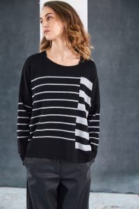 Naya Black/Silver Round Neck Square Shape Stripped Knit