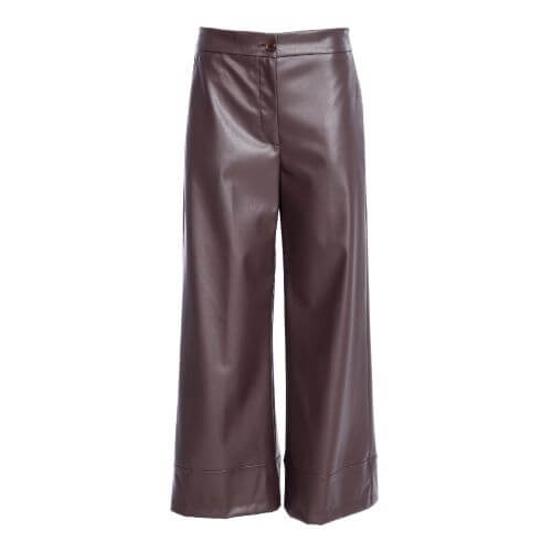 Naya Cocoa Wide Leg Leatherette Trouser With Band At Hem