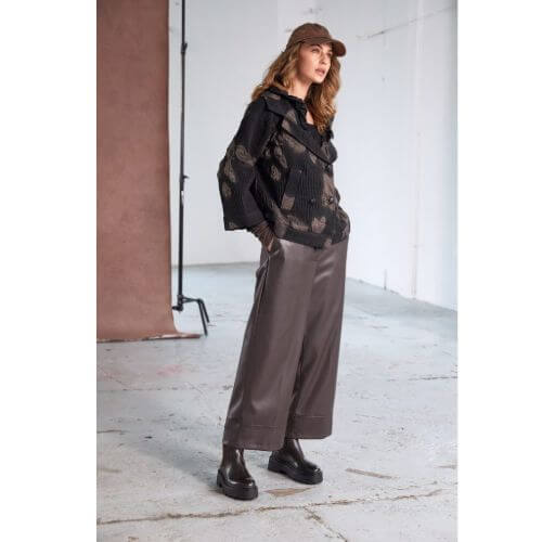 Naya Cocoa Wide Leg Leatherette Trouser With Band At Hem