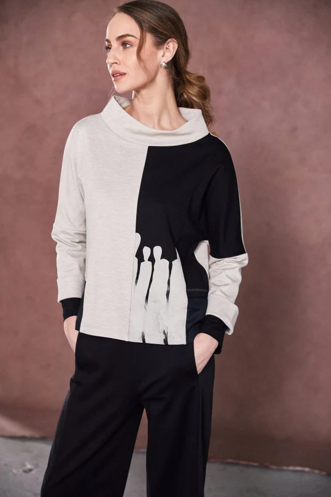 Naya Two Tone Funnel Neck Top With Print