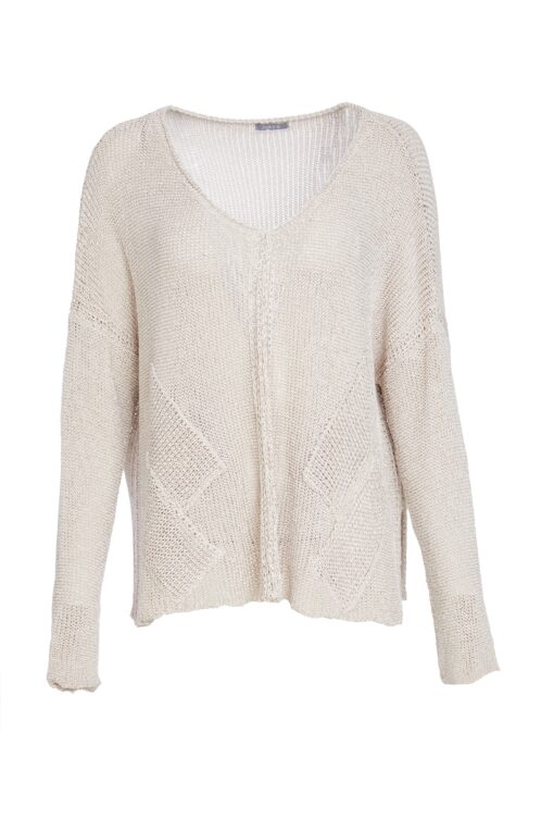 Naya Loose Weave V Neck Knit With Layed On Sections-Almond