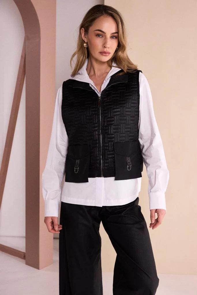 Naya Black Quilted Waistcoat With Pocket And D Ring Trim