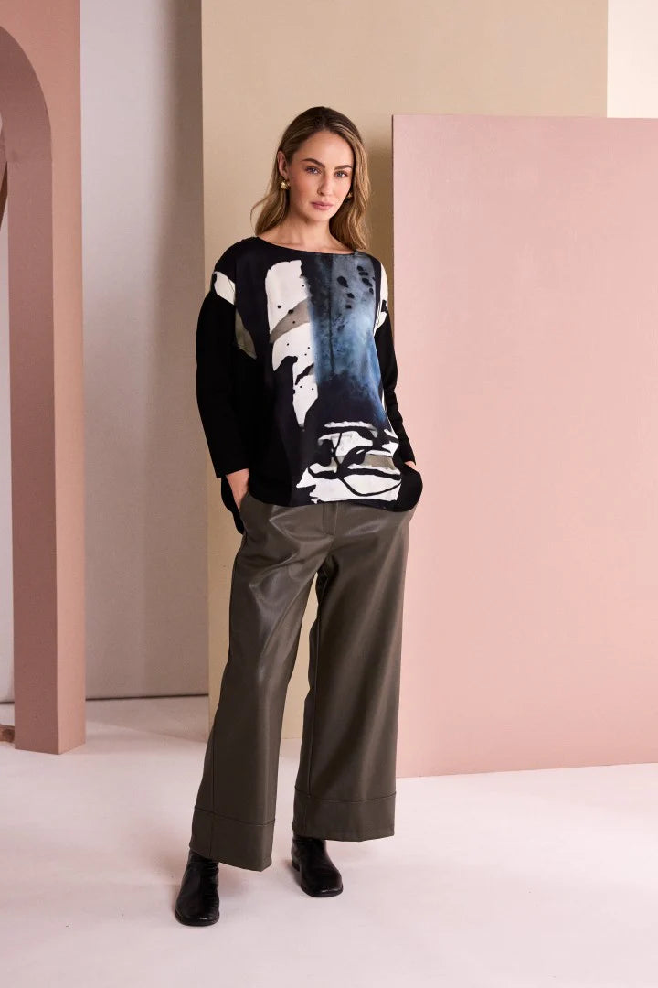 Naya Brown Wide Leg Leatherette Trouser With Hem Panel