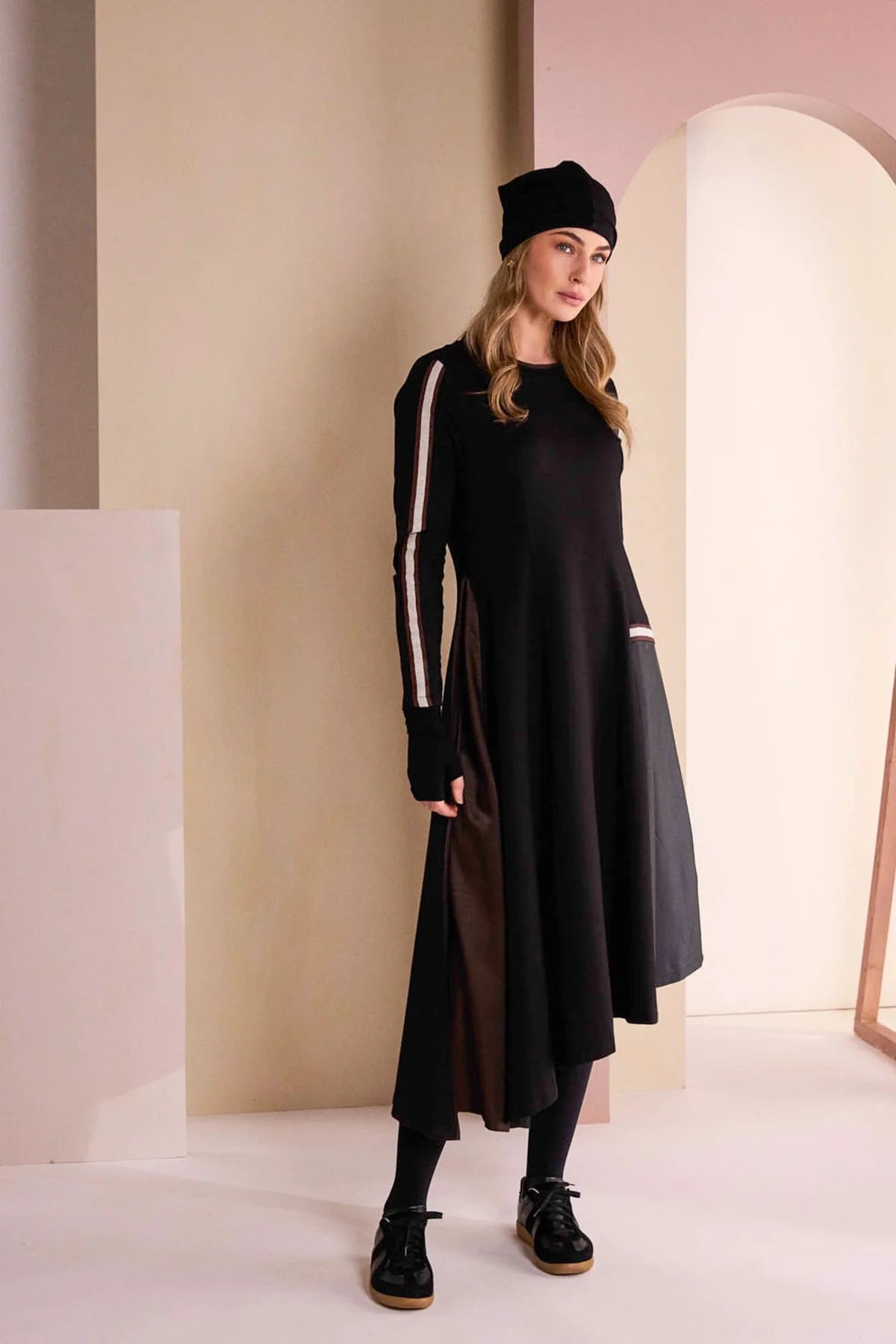 Naya High Neck Dress With Print Pocket And Metallic Trim