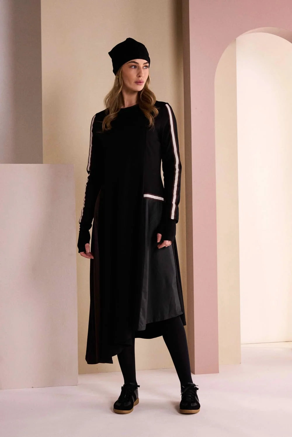 Naya High Neck Dress With Print Pocket And Metallic Trim