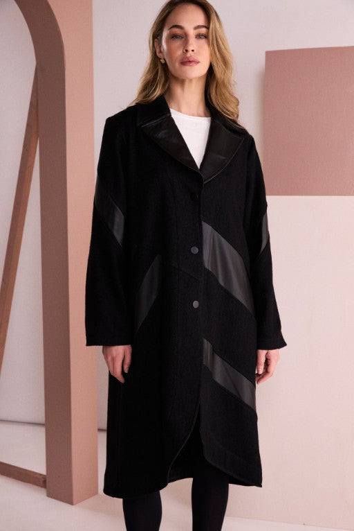 Naya Black - Soft Long Line Coat With Leather Insets