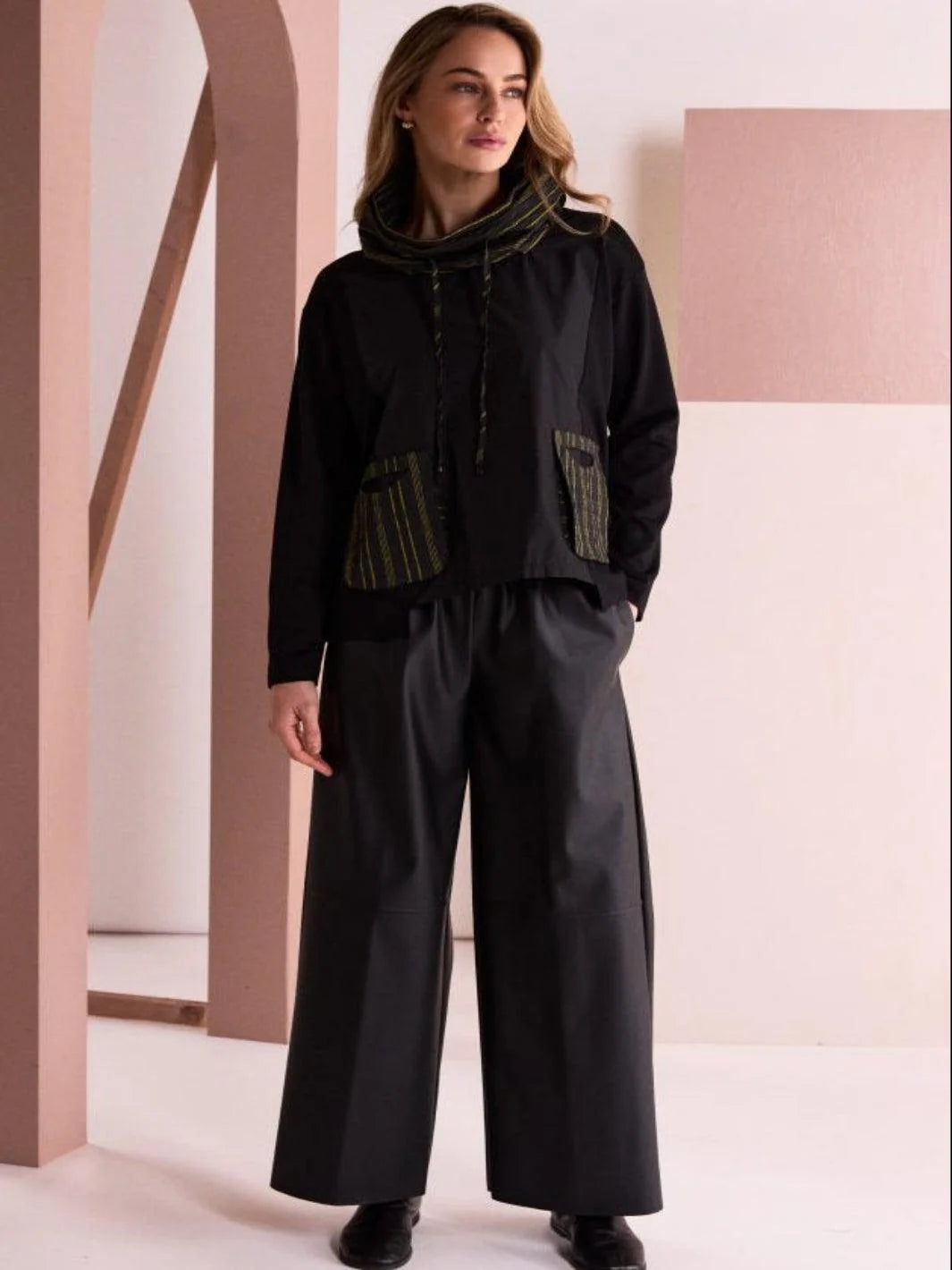 Naya Black Bashed Leastherette Look Wide Leg Pull Up Trousers
